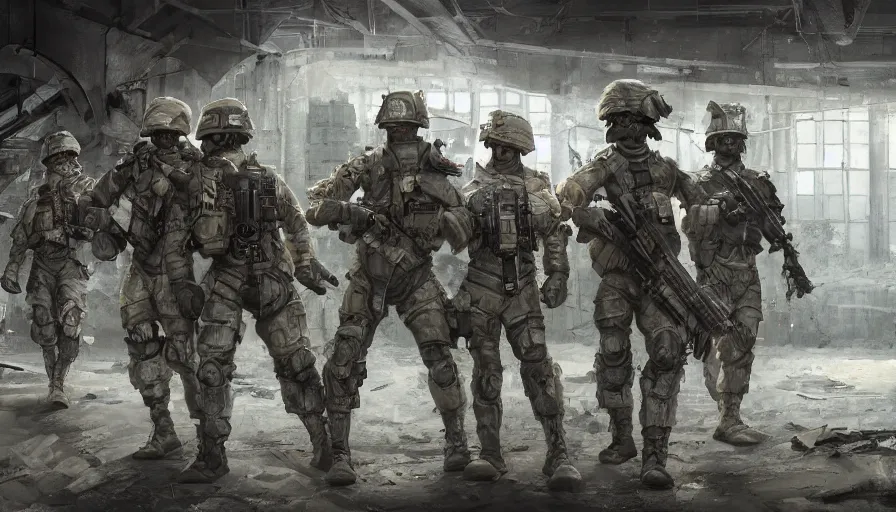 Image similar to soldiers investigating in abandoned dusty warehouse, hyperdetailed, artstation, cgsociety, 8 k