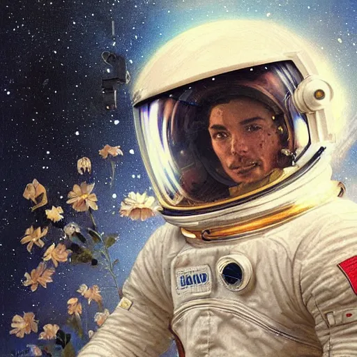 Image similar to a close up painting of an astronaut floating in space. his helmet visor is dark and reflective. you can see the reflection of flowers in his helmet visor. by artgerm and greg rutkowski and alphonse mucha