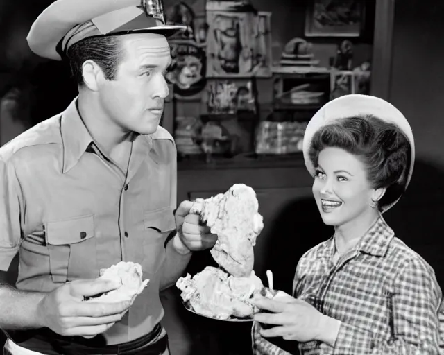 Prompt: Wally Cleaver eating a taco icecream on Leave It To Beaver, black and white television still