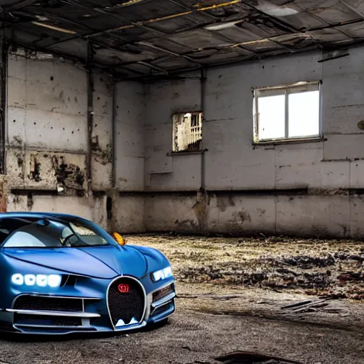 Image similar to an abandoned, derelict, ( really rusty ) bugatti chiron in a dirty warehouse