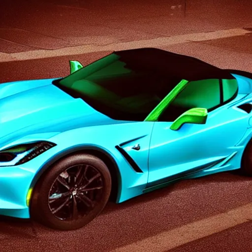 Image similar to a small dark luminous turquoise color liquid water sculpture is hybrid of a corvette convertible, a corvette made out of luminous turquoise color liquid water, viscous, reflective, monochromatic, digital art