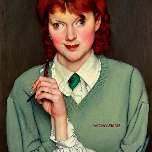 Prompt: Front portrait of a redheaded woman with bangs and green eyes, wearing a sweater over a button-down shirt and tie. Painting by Norman Rockwell.