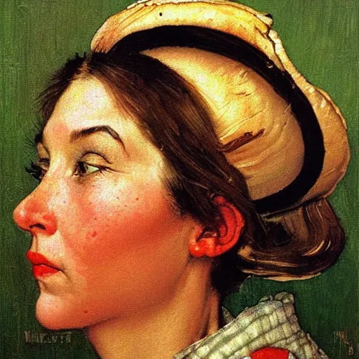 Prompt: Frontal portrait of a mushroom woman. Painting by Norman Rockwell.