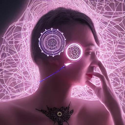 Prompt: woman integrating with technology, full face under a Full Moon, detailed intricate ornate cables connected to head, luscious thick hair, big open electric eyes, luxurious detailed abundent wiring and implants, sci-fi, neon, 8k ultra realistic night time photography of a mystical cosmic night, highly detailed, Rene Lalique and Eddie Mendoza