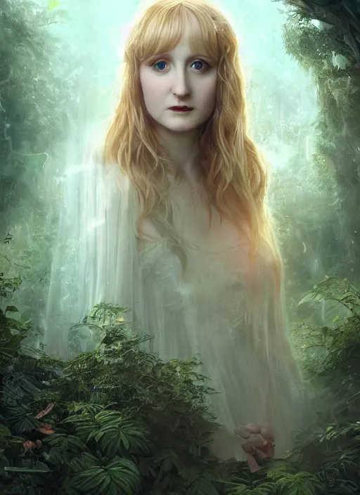 Image similar to Beautiful art portrait of Melissa Rauch as a fantasy gothic priestess in a bright temple surrounded by lush forest, atmospheric lighting, intricate detail, cgsociety, hyperrealistic, octane render, RPG portrait, ambient light, dynamic lighting