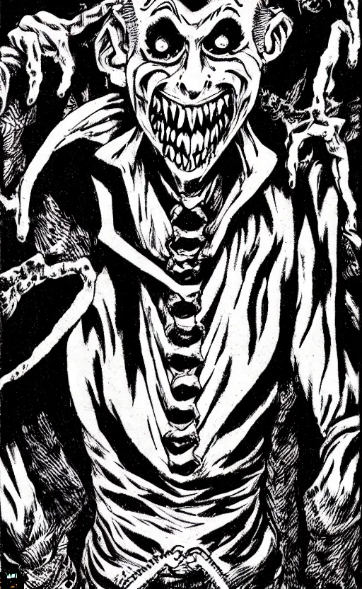 Prompt: full body portrait of villainous jester, dark, twisted, manga, comic, by junji ito. twisted. horror.