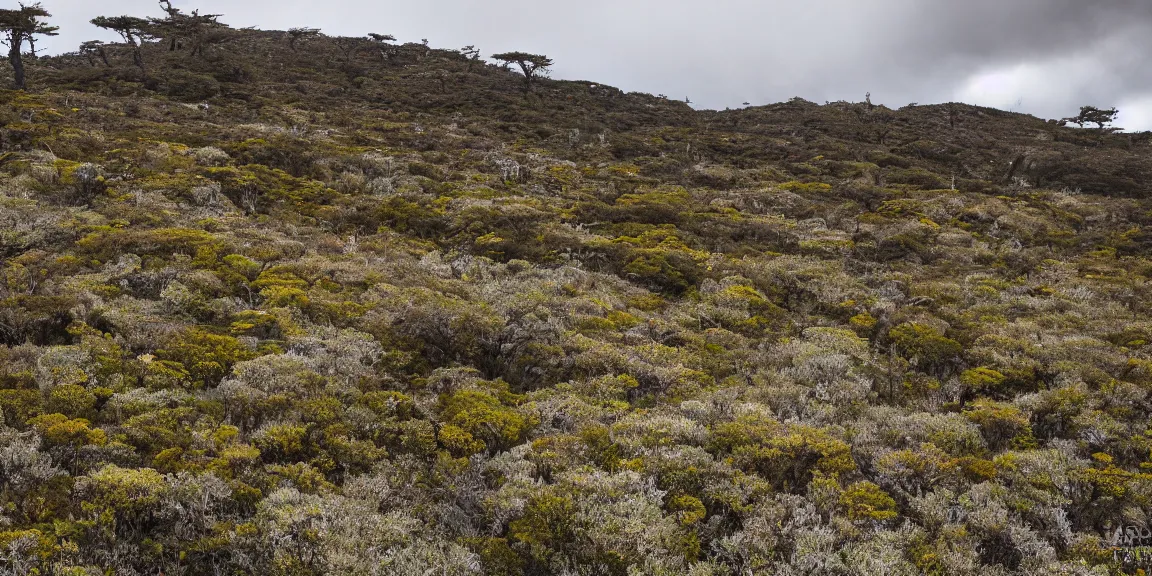 Prompt: Ground view of Rocky clearing in the Patagonian temperate forests. Magellanic, mountainous area. Rare flora, Nothofagus, a few twisted and bent trees. windy environment, shrubs, rocky and poorly drained. Crowberries. Overcast, cloudy. September 12th. Patagonian Chile and Argentina. Trending on Artstation, deviantart, worth1000. By Greg Rutkowski. National Geographic and iNaturalist HD photographs