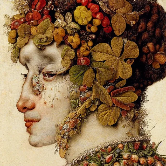 Image similar to a beautiful profile portrait of a beauty, leaves, by giuseppe arcimboldo, photo realistic, realistic materials.