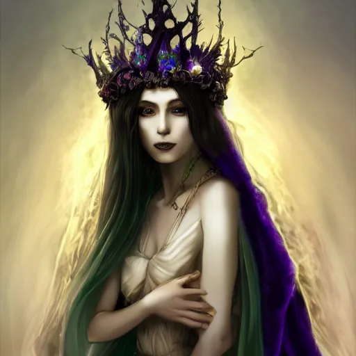 Image similar to detailed portrait of a dark fairy queen with wings holding a silk cloth wearing a robe, crown, pixie, iris, realism, emerald, galaxy, sapphire,dark purple crown,leaves, moonlit, dark fantasy, dramatic lighting, cgsociety, artstation