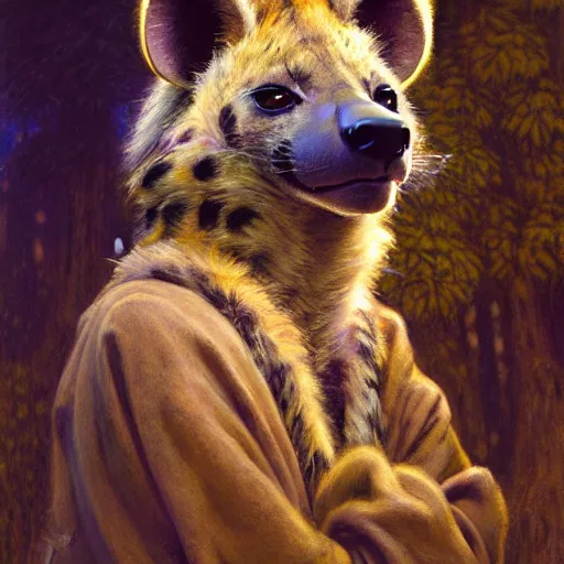 Prompt: a female hyena hyenawoman canine in magic robes at night in a dark forest. zootopia fursona furaffinity furry art detailed face painting by gaston bussiere craig mullins jc leyendecker gustav klimt artgerm greg rutkowski furry