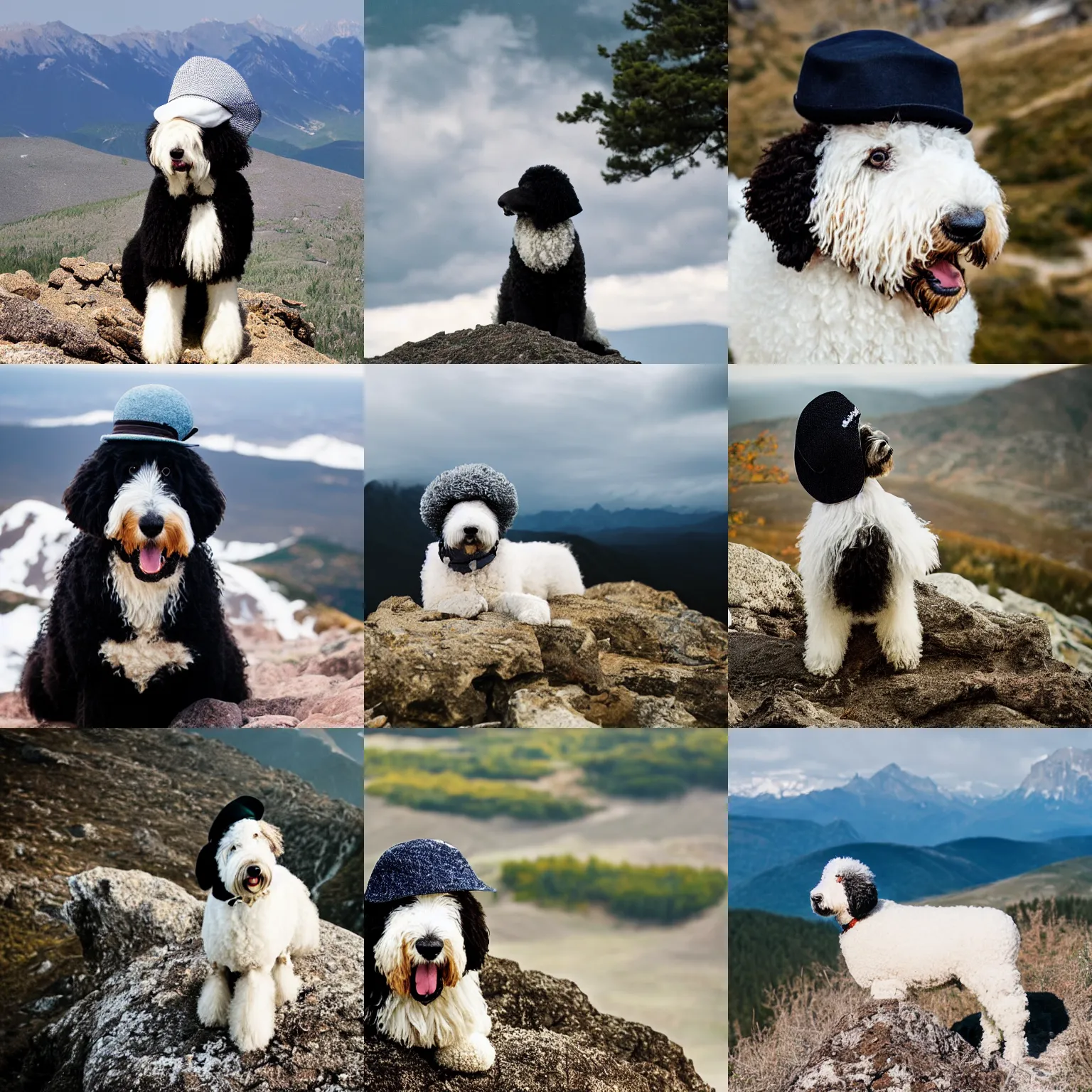 Prompt: sheepadoodle wearing a hat atop a mountain, award - winning photography