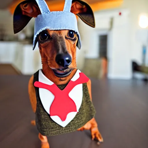 Image similar to Dachshund on stilts wearing a greyhound mask