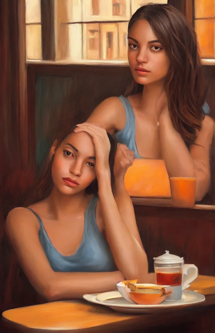 Prompt: a portrait of a beautiful girl sitting in a cafe, cuban setting, warm colors, soft lighting, atmospheric, cinematic, moody, in the style of diego koi, gina heyer, luiz escanuela, art by alyssa monk, hyperrealism, rule of thirds, oil on canvas, 8 k