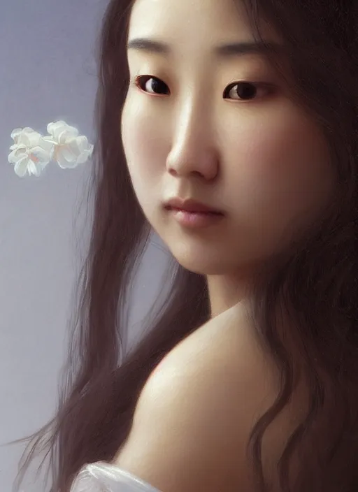 Image similar to oil painting close up portrait of a contemplative young asian woman with long dark flowing hair in a dress made of white roses!! at sunset, hazy, digital art, chiaroscuro, artstation, cinematic, golden hour, digital art painting by greg rutkowski, william - adolphe bouguereau, hazy atmosphere, cinematic lighting