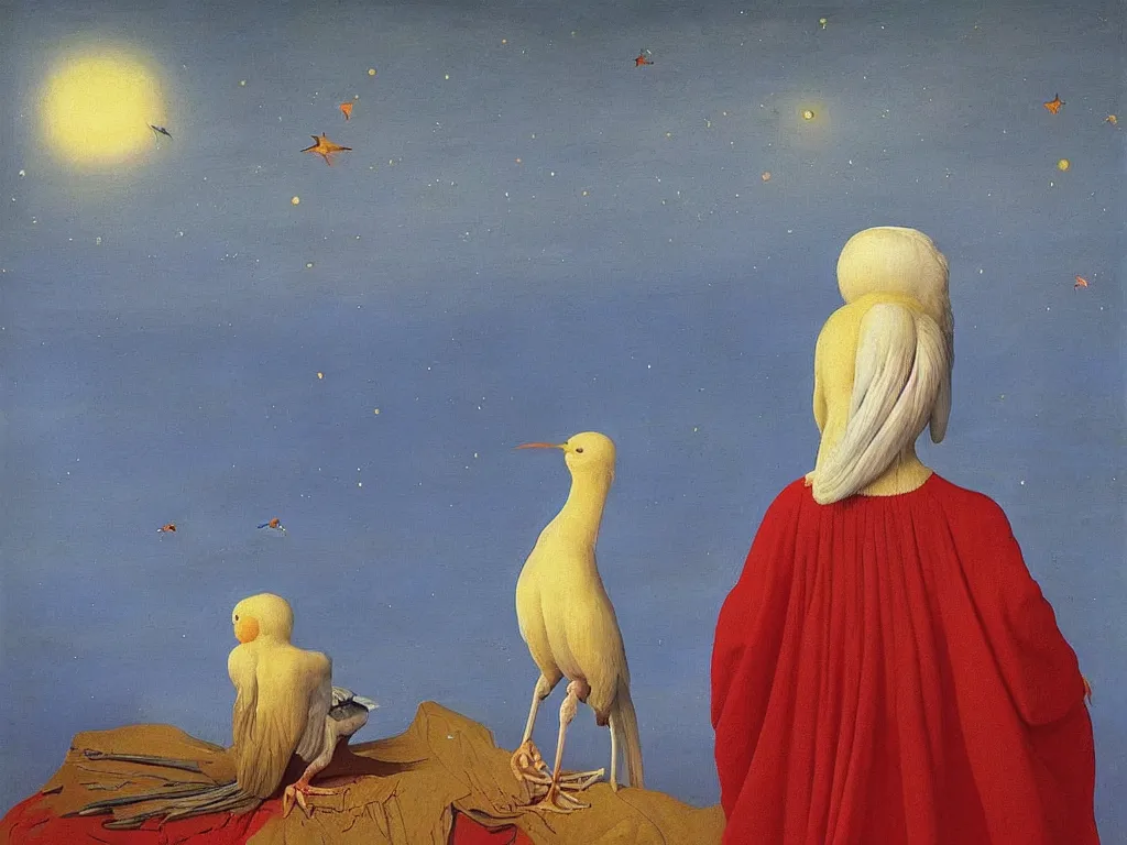 Prompt: albino mystic, with his back turned, looking in the distance at the night sky with stars over the ocean with beautiful exotic bird. Painting by Jan van Eyck, Audubon, Rene Magritte, Agnes Pelton, Max Ernst, Walton Ford