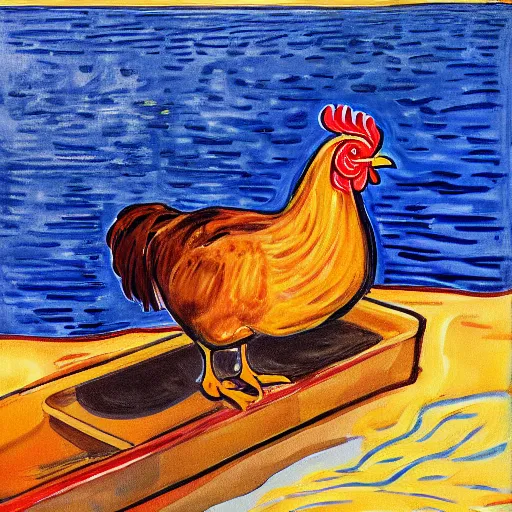 Image similar to painting of a chicken made of chicken wings on a raft, realistic, stylized, artstation, edward munch