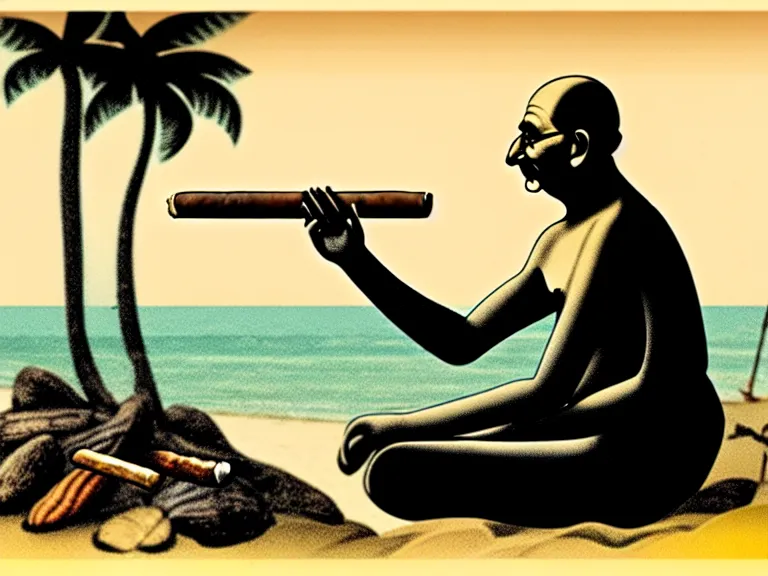 Prompt: side view of gandhi holding a cigar, sitting on a beach, next to a campfire, with palm trees and different types of beach animals parrot turtle lizard crab coconuts in the back