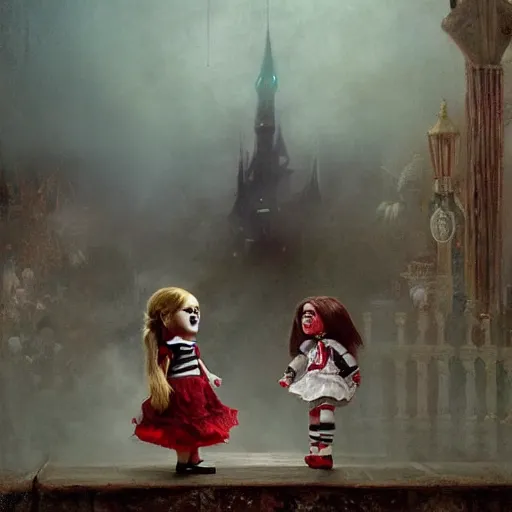 Image similar to the doll annabelle hitting the doll chucky in the face, epic mma fight, dramatic poses, cinematic, disneyland as backdrop, oil painting, by greg rutkowski