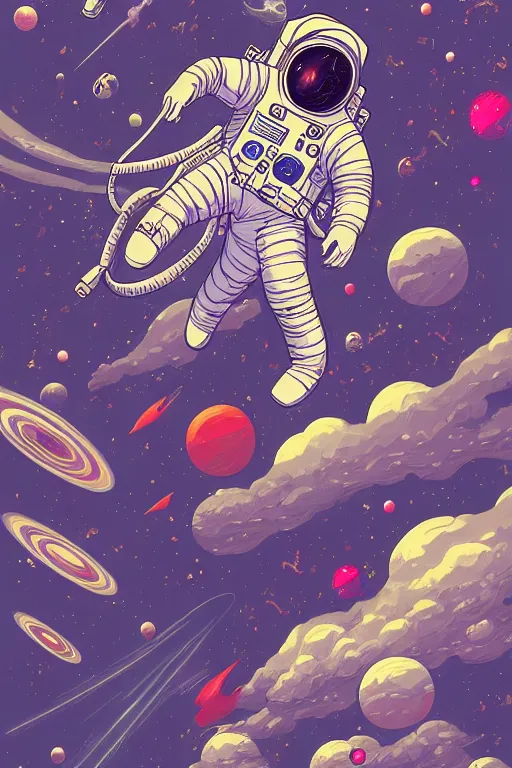 Image similar to an astronaut floating in the sky, the destruction of the universe, planets crashing, highly detailed, digital painting, refreshing, trending on artstation, illustration by james jean