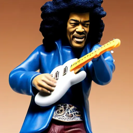 Prompt: a porcelain figurine of jimmy hendrix playing the guitar, product shot