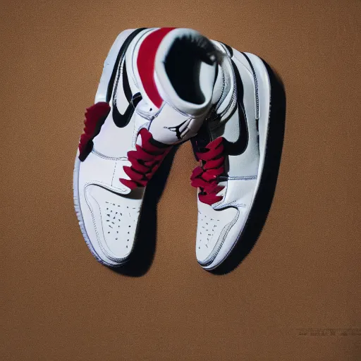 Image similar to a studio photoshoot of Air Jordan 1 sneakers designed by Virgil Abloh, leather and suede, Off-White, realistic, color film photography by Tlyer Mitchell, 35 mm, graflex