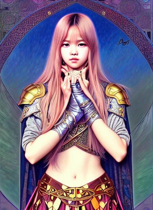 Image similar to lalisa manoban of blackpink, medieval armor, tarot card, highly detailed, digital painting, smooth, sharp focus, illustration, ultra realistic, 8 k, art by artgerm and alphonse mucha