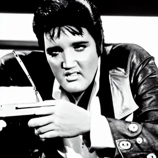 Image similar to elvis as tony montana in scarface with a tommy gun