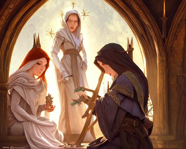 Image similar to photography of the three marys at the sepulchre, deep focus, d & d, fantasy, intricate, elegant, highly detailed, digital painting, artstation, concept art, matte, sharp focus, illustration, hearthstone, art by artgerm and greg rutkowski and alphonse mucha