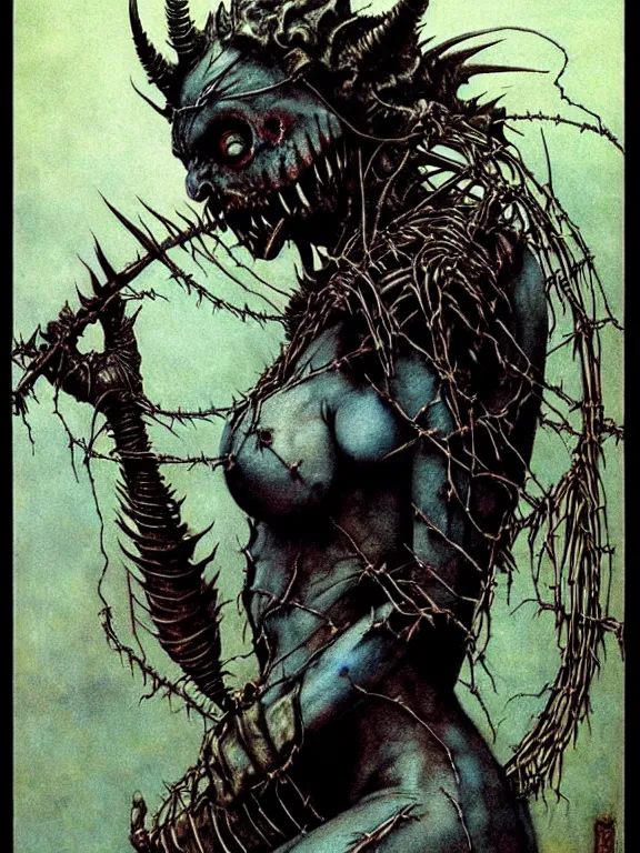Image similar to A creepy armored horned fanged demon woman with blue scarred skin wrapped in barbed wire. Extremely high detail, realistic, fantasy art, solo, bones, masterpiece, saturated colors, art by Zdzisław Beksiński, Arthur Rackham, Dariusz Zawadzki