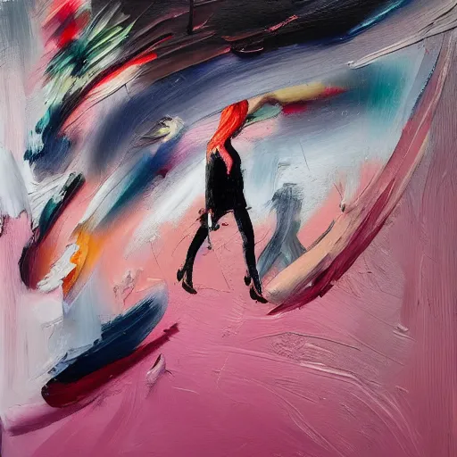 Prompt: _ in _ these _ paintings _ we _ see _ a _ woman _ walking _ in _ circles in a busy void space, 4 k, in the style of ben quilty, hyper realism, minimal pink palette, medium shot, oil paint with thick brushstrokes of paint, impasto, rough textured, detailed,