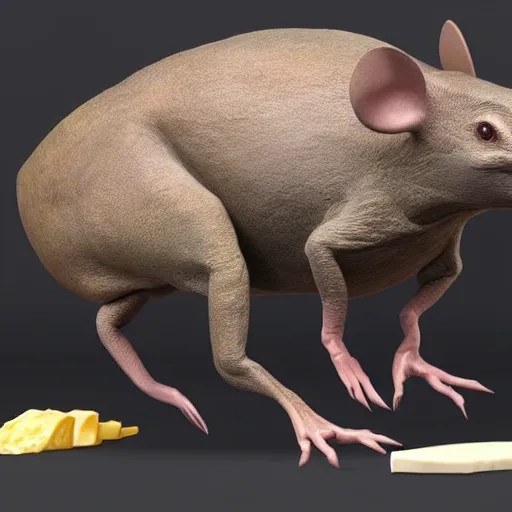 Image similar to dinosaur mouse eating cheese, photo realistic concept art