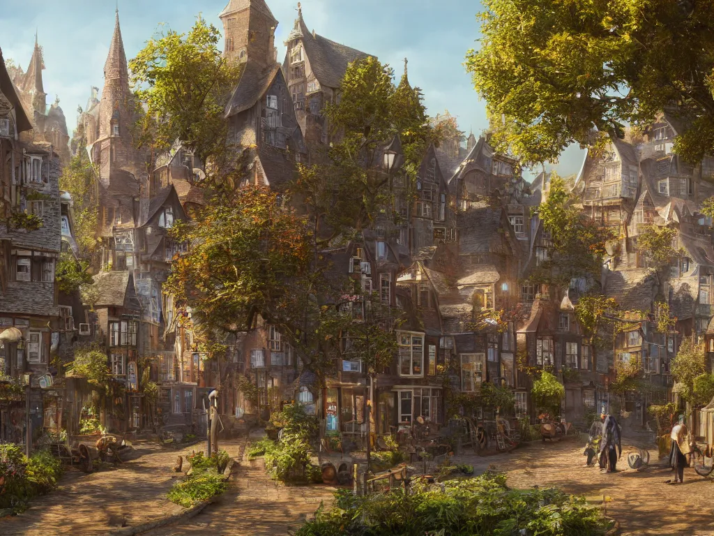 Prompt: a magical village on a slow day, inspired by victorian england and amsterdam, sunny weather, highly detailed, intricate, digital painting, trending on artstation, concept art, matte painting, art by greg rutkwowski, craig mullins, octane render, 8 k, unreal engine