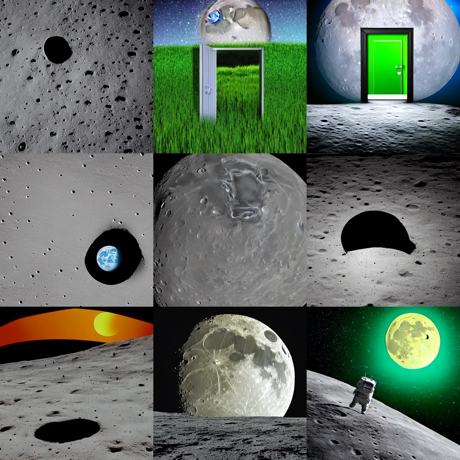 Prompt: a door on the moon behind which is a green field