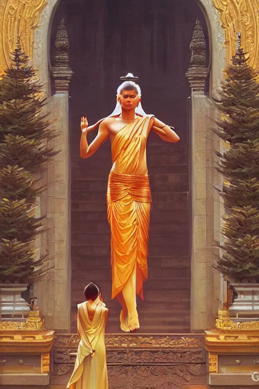 Image similar to temple, buddhism, painting by greg rutkowski, j. c. leyendecker, artgerm