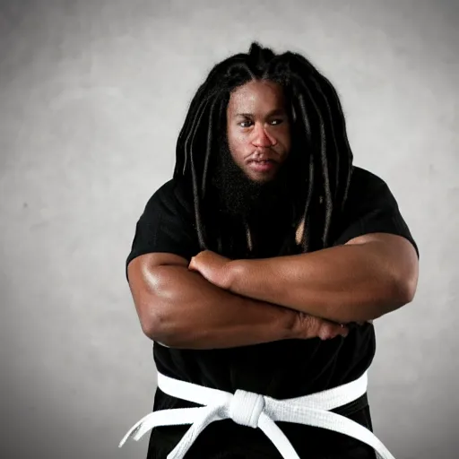 Image similar to photo of chubby black bjj athlete with long dreads posing, serious face, white belt