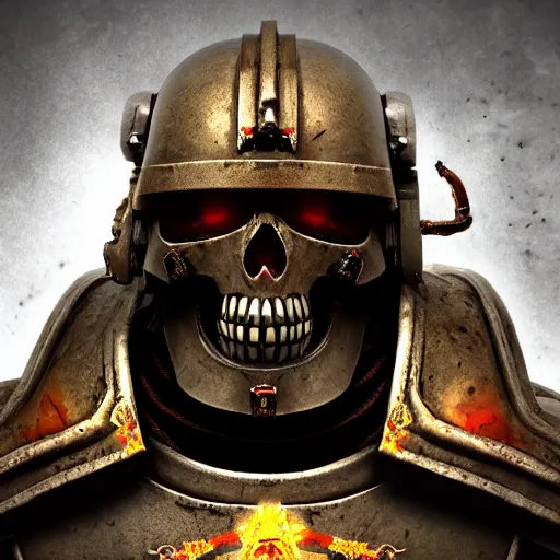 Image similar to warhammer space marine, skull helmet, terrifying, grimdark, horror, war, photorealistic, front view, symmetrical, artstation, dark souls style