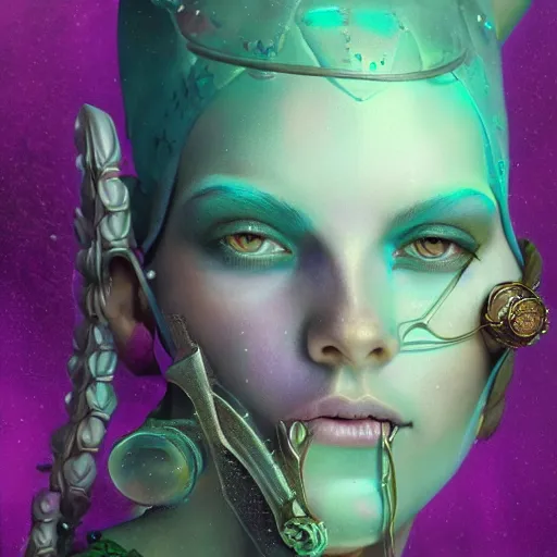 Image similar to tom bagshaw, soft painting curiosities carnival, a single very beautiful warrior in full underwater armor, symmetry accurate human features, focus, very intricate ultrafine details, green purple aqua volumetric lights, award winning masterpiece, octane render 8 k hd