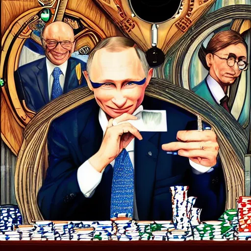 Prompt: UHD photorealistic Bill Gates playing poker with Klaus Schwab and Vladimir Putin, hyperrealistic, correct details, cosmic dynamic lighting, symmetrical faces, accurate faces, in the style of art nouveau by Danielle Tunstall