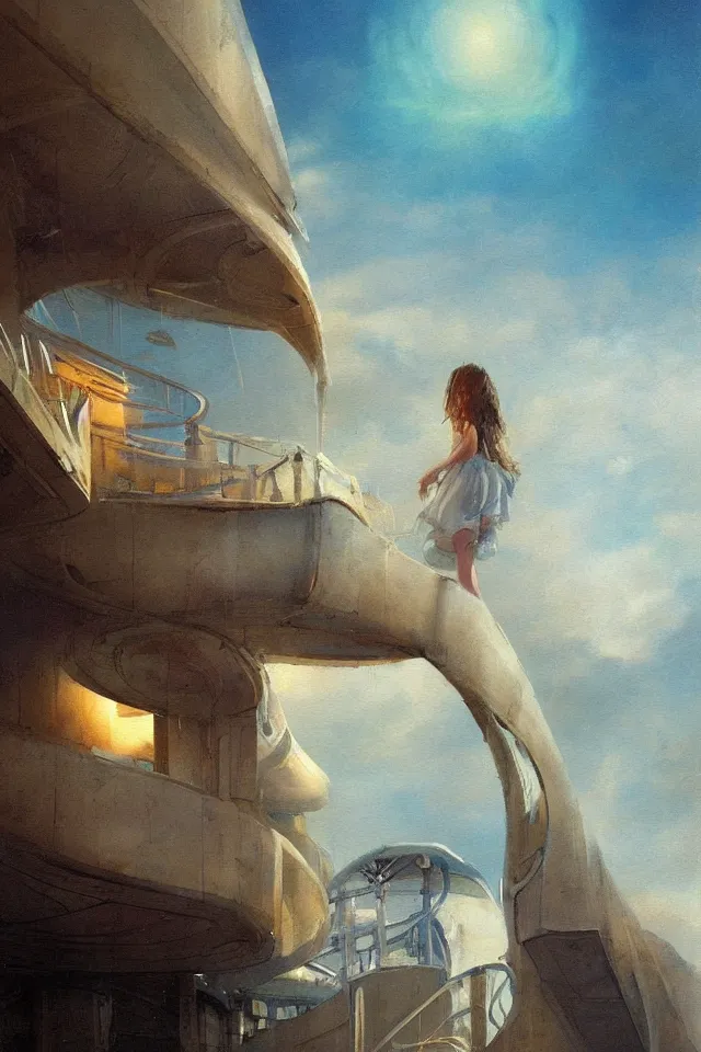 Image similar to sci fi painting of a giant seashell house, a young girl stares from the balcony, by john harris, atmospheric, concept art