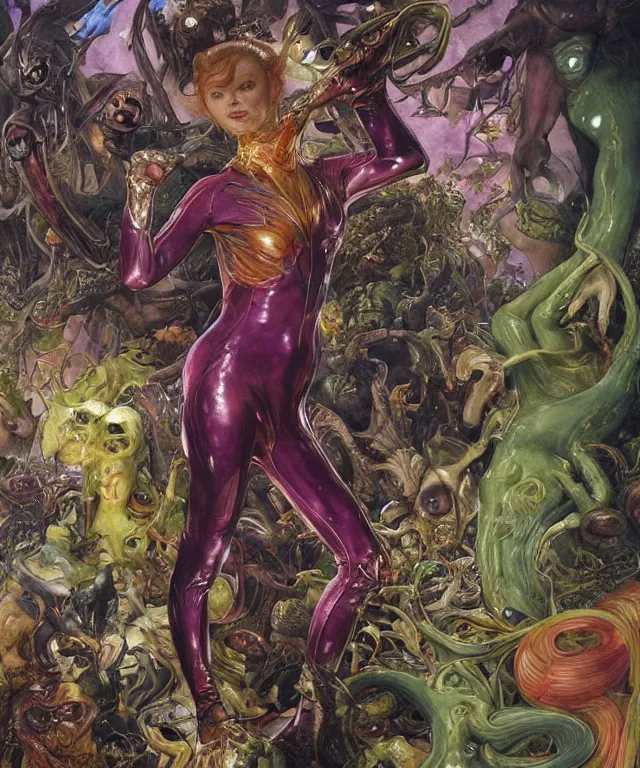 Prompt: a portrait photograph of a fierce mutated hybrid super villian with slimy skin. she looks like sadie sink and is fighting in a colorful infected bulbous shiny organic catsuit. by donato giancola, hans holbein, walton ford, gaston bussiere, peter mohrbacher and brian froud. 8 k, cgsociety, fashion editorial