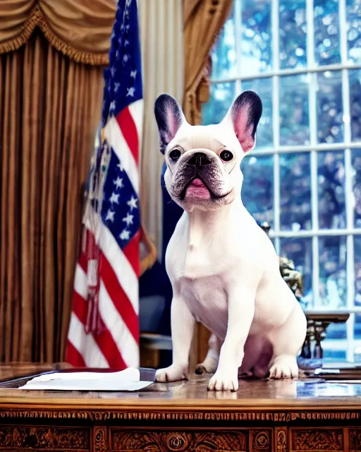 Image similar to White French Bulldog wearing a suit in the Oval Office with a flag in the background, detailed and intricate