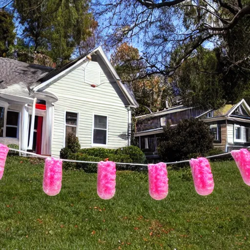 Image similar to photo of candy string strewn around a small house