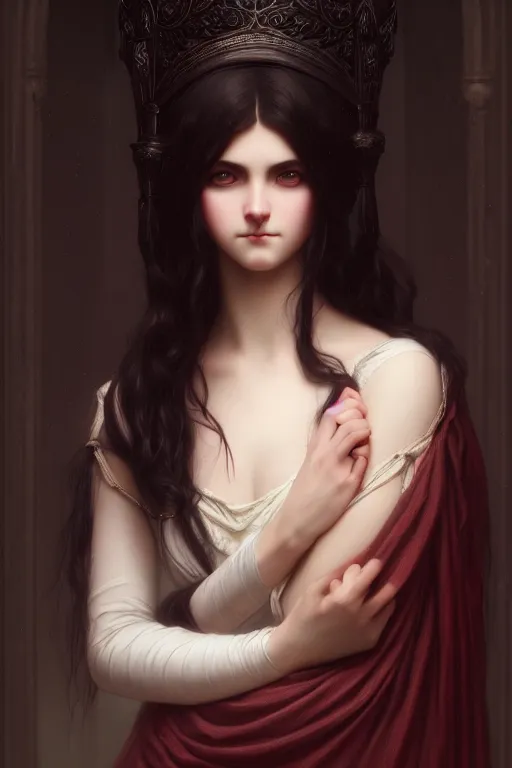 Image similar to a portrait of a beautiful dark hair waif girl gothic, bored, illustration, soft lighting, soft details, painting oil on canvas by Edmund Blair Leighton and Charlie Bowater octane render trending on artstation, 4k, 8k, HD