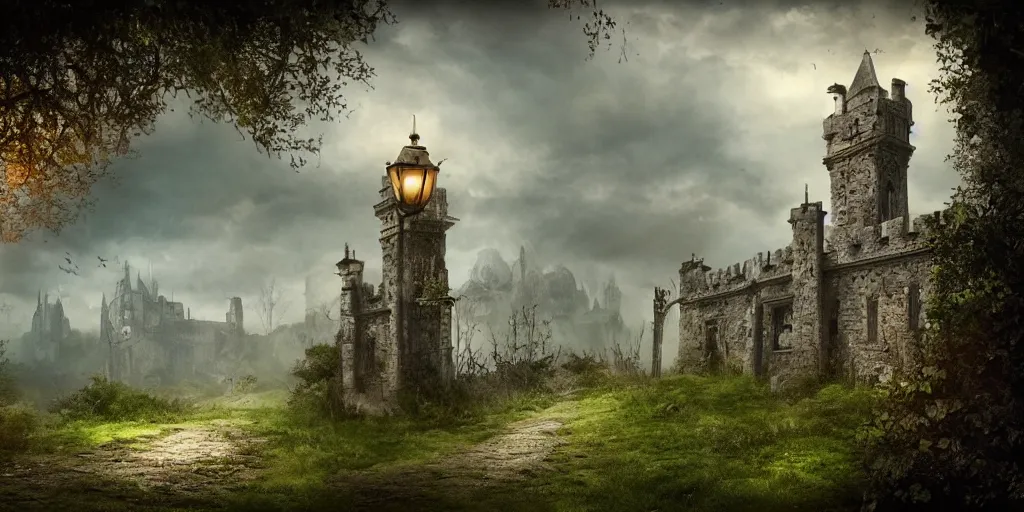 Image similar to matte painting, castle, dramatic landscape, overgrown, cinematic, overcast, lantern light