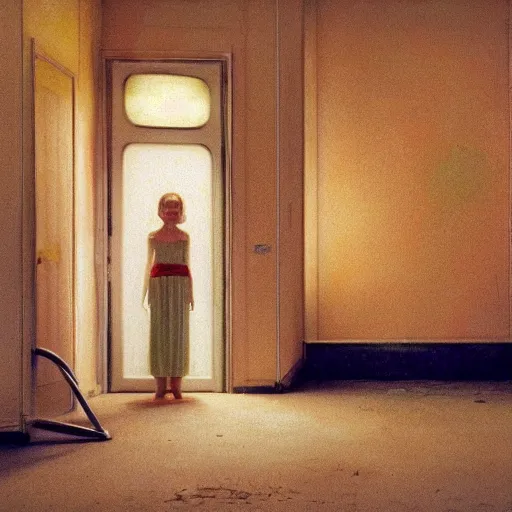 Image similar to an ivory girl in an soviet golden liminal abandoned room, film still by wes anderson, depicted by david lynch, limited color palette, very intricate, art nouveau, highly detailed, lights by hopper, soft pastel colors