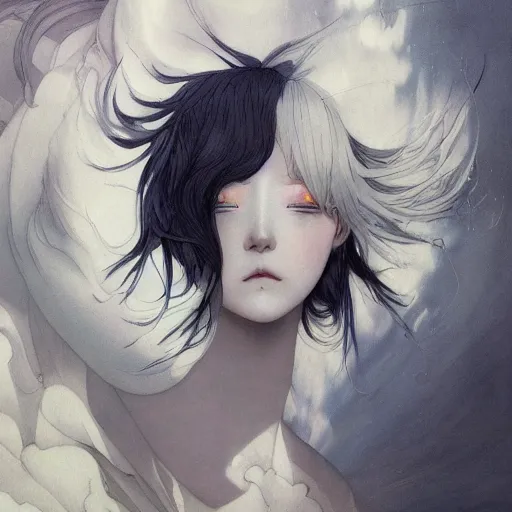 Image similar to prompt : gray and white portrait soft light painted by james jean and katsuhiro otomo and erik jones, inspired by evangeleon anime, smooth face feature, intricate oil painting, high detail illustration, sharp high detail, manga and anime 1 9 9 9