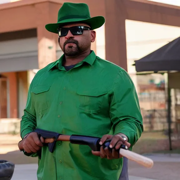Image similar to Still of Big Smoke with green clothing with a baseball bat and trilby hat in Better Call Saul