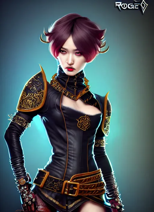 Image similar to rogue, fantasy ornate leather bandit outfit!!! close - up portrait beautiful and athletic short hair female!! gorgeous face and eyes!! character concept art, sharp focus, octane render! unreal engine 5! highly rendered!! trending on artstation!! detailed linework!! illustration by artgerm, wlop, and chie yoshii