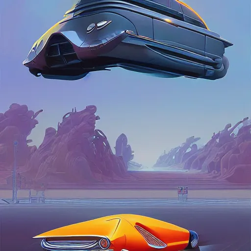 Prompt: retro futuristic car ad by tyler edlin and petros afshar and christopher balaskas and marius borgeaud and kiliain eng, atomic age maximalist, art nouveau, well proportioned, highly detailed