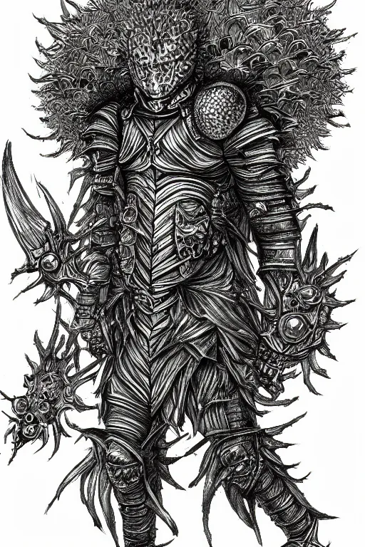 Image similar to armoured warrior dandelion monster, symmetrical, highly detailed, digital art, dandelion themed armour, sharp focus, trending on art station, kentaro miura manga art style